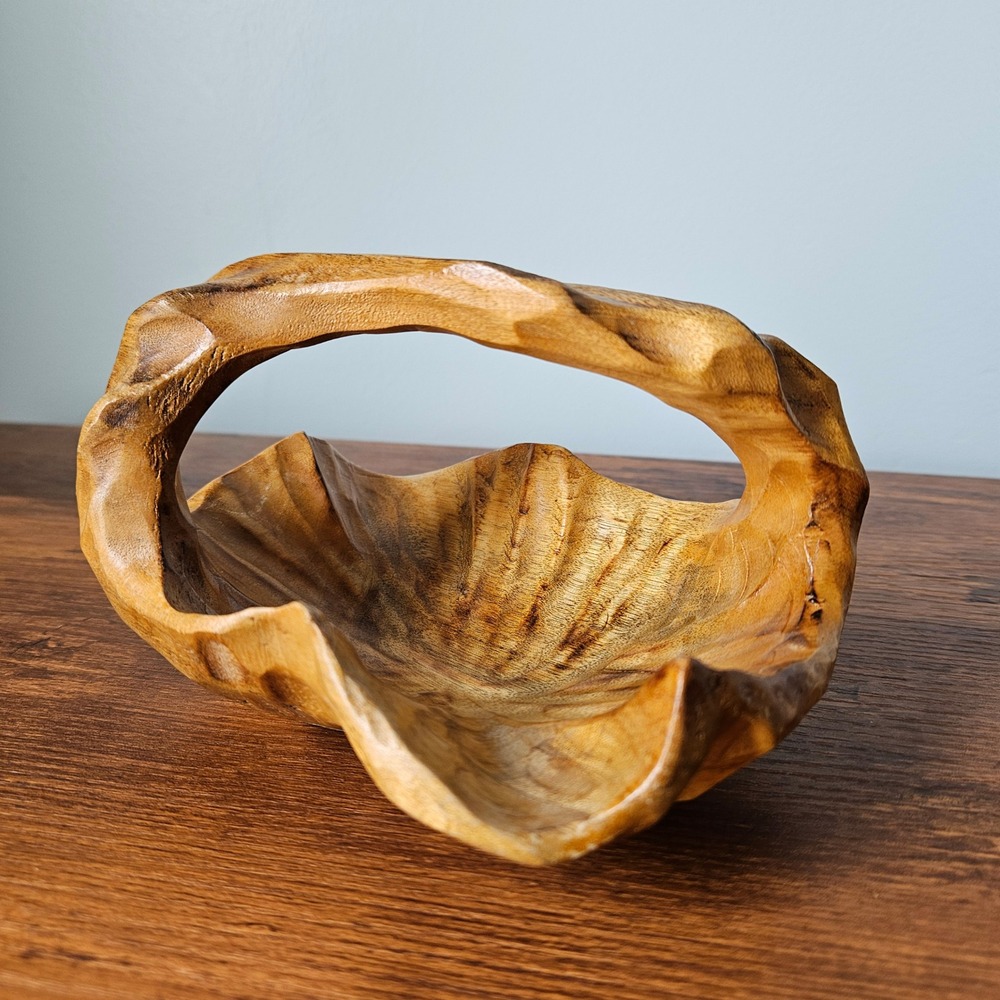 Hand Carved Small Wooden Basket Bowl Artisan Organic‎ Shape Rustic Handmade